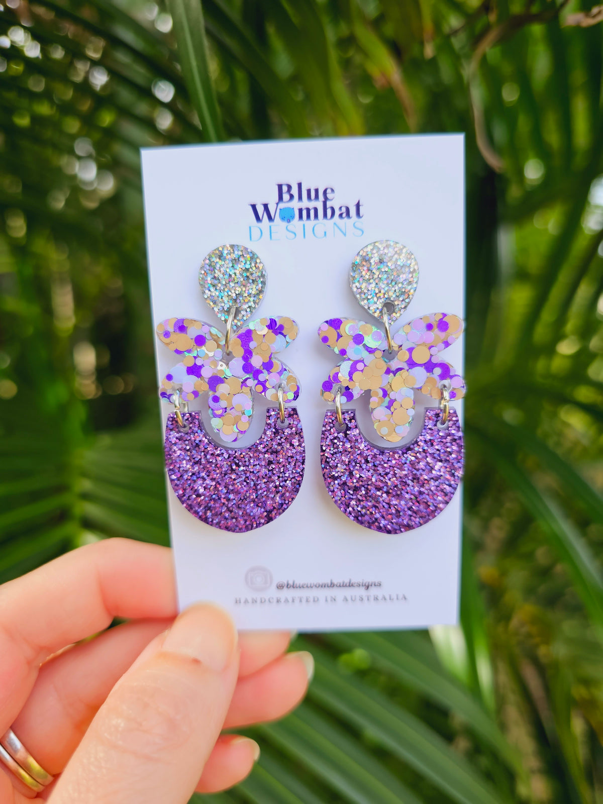 Handmade Purple Glitter Resin Statement Dangle Earrings