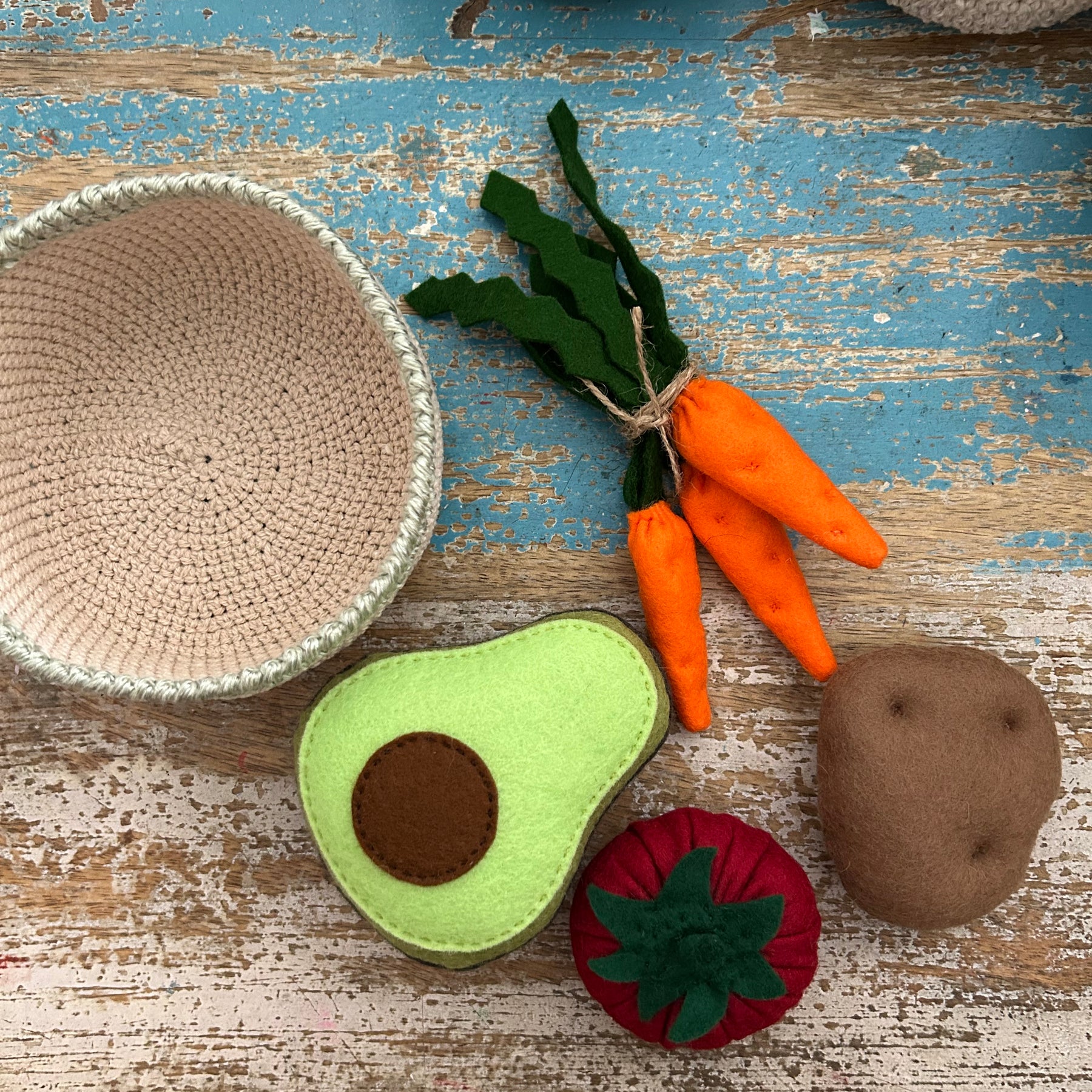 Veggies in a crochet basket (sage trim), felt play food, toddler gift value pack