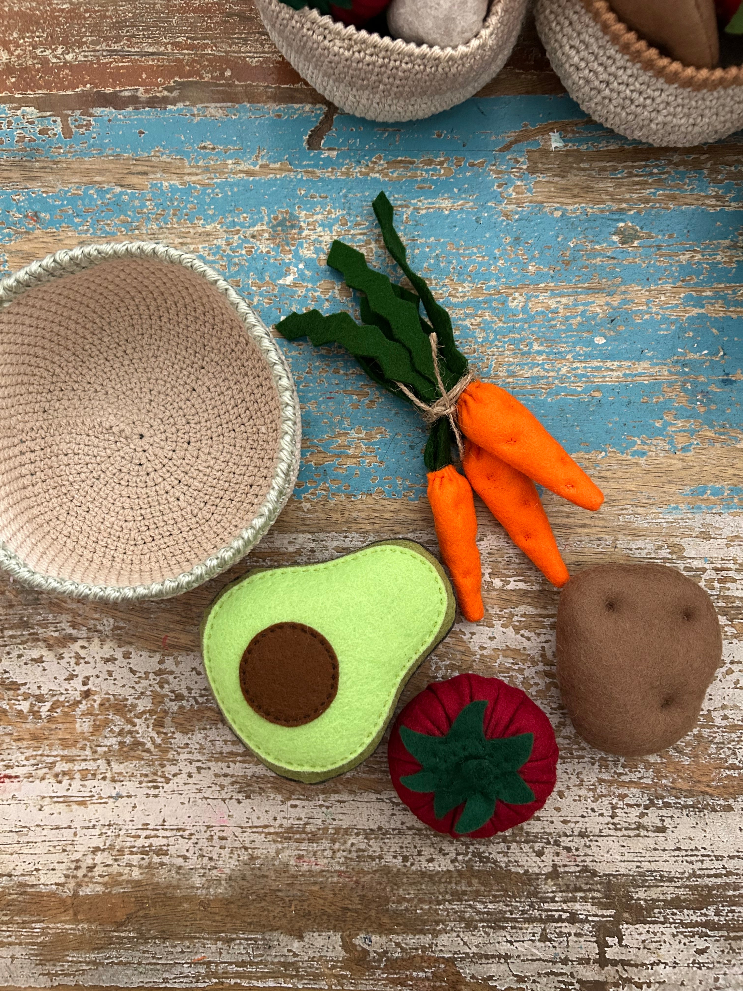 Veggies in a crochet basket (sage trim), felt play food, toddler gift value pack