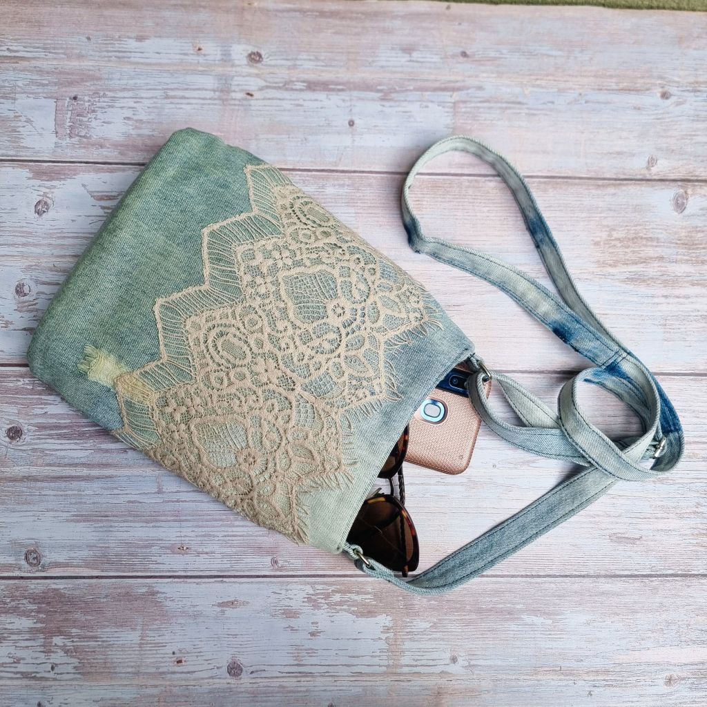 Upcycled small crossbody bag - pale blue denim & pink lace