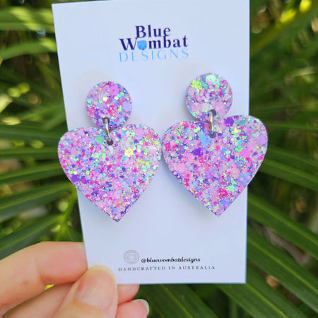 Love Heart Glitter Resin Handmade Dangle Statement Earrings