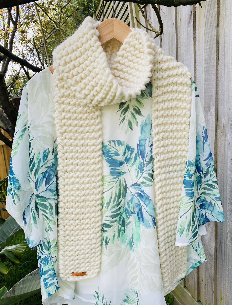 Ladies Cream Scarf, Hand knitted straight long scarf