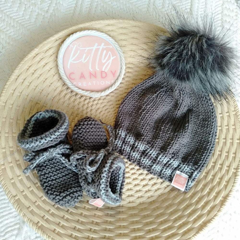 Bitty Beanie & Bootees Dove Grey with Stone Stripe