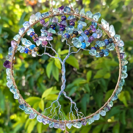 Suncatcher | Wire art | Handmade | Peace - Rainbow fluorite gemstones and glass beads | Limited edition glass beads | One of a kind