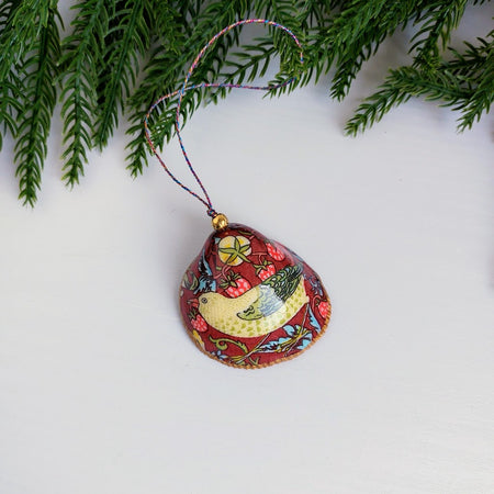 William Morris Strawberry Thief - Real cockle shell with bell- Hanging Christmas ornament