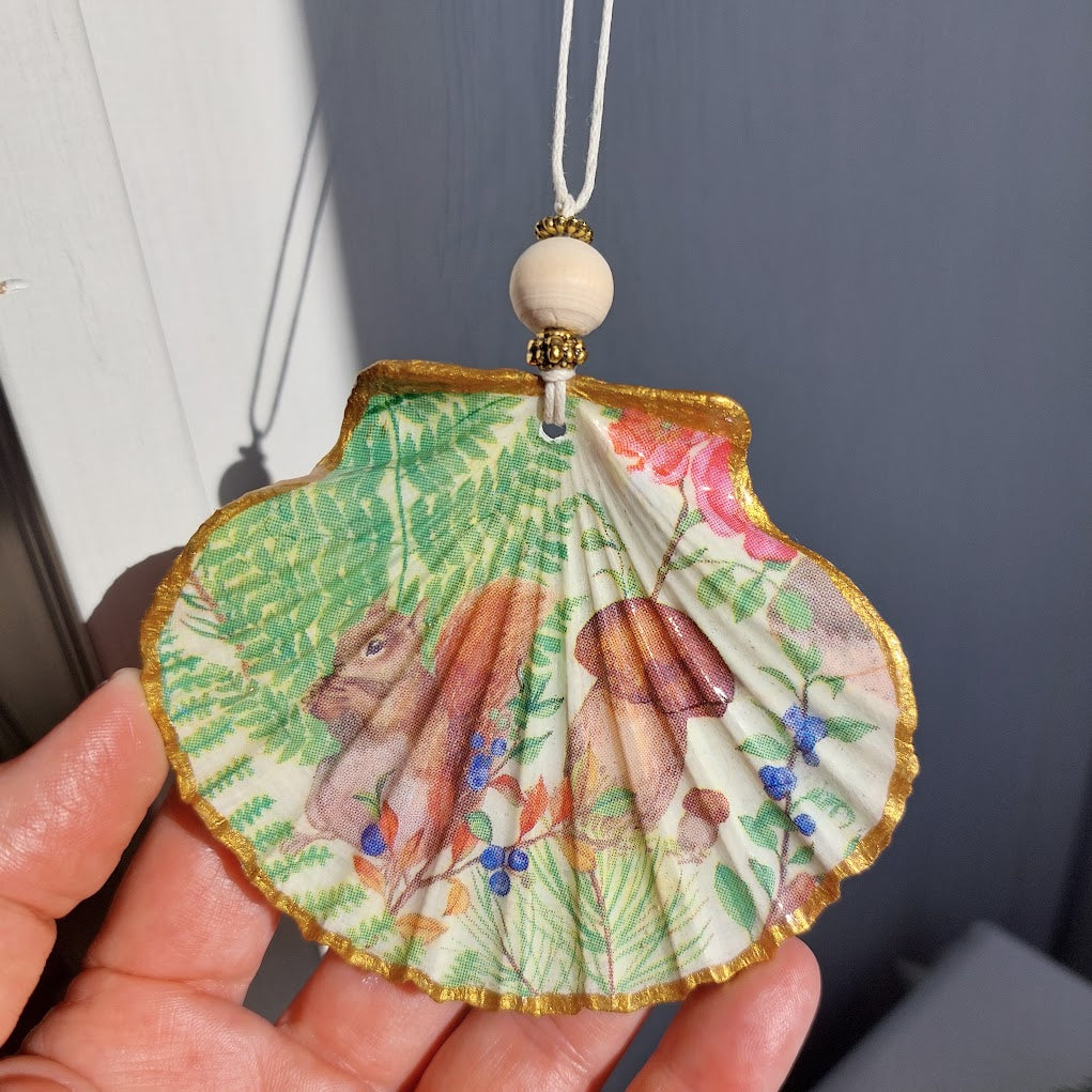 Real shell hanging Christmas ornament - Squirrel and mushroom Christmas tree decoration