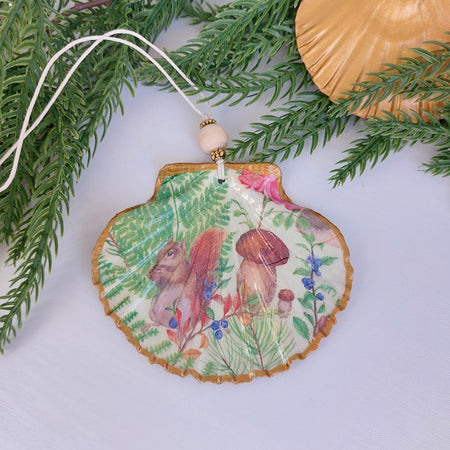 Real shell hanging Christmas ornament - Squirrel and mushroom Christmas tree decoration
