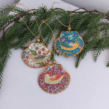 Set of three William Morris Strawberry Thief - Real shells - Hanging Christmas ornament