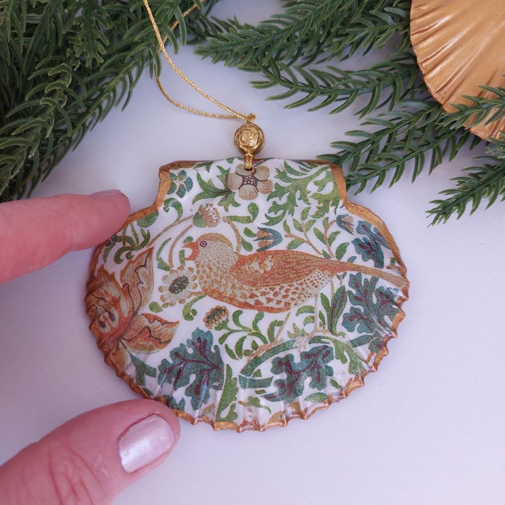 William Morris Strawberry Thief - Real shell hanging Christmas ornament
