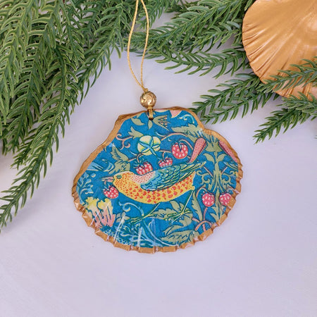 William Morris Strawberry Thief - Real shell hanging Christmas ornament