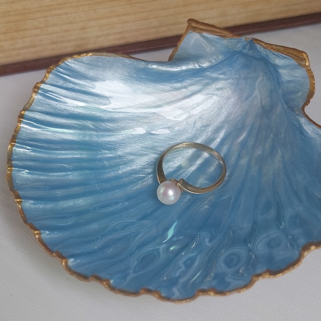 Scallop Shell Dish - Real Shell Ring Holder - Hand Painted Coastal Décor