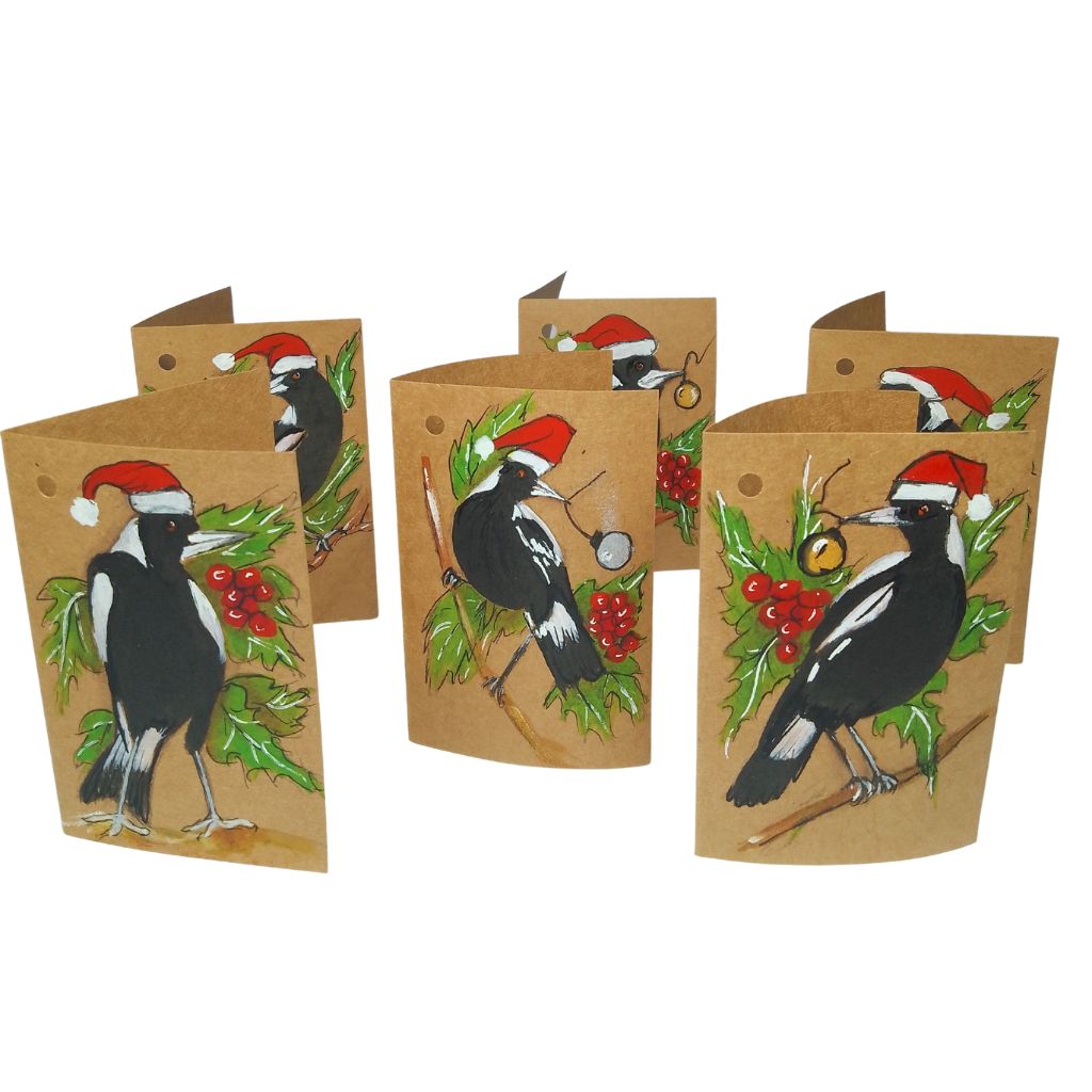 Handpainted Magpie Christmas Tags - Rustic Kraft paper. Set of 10