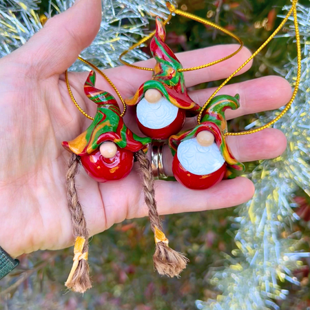 Gnome Christmas bauble trio with LIMITED EDITION girl gnome  - Red/Gold/Red/Green