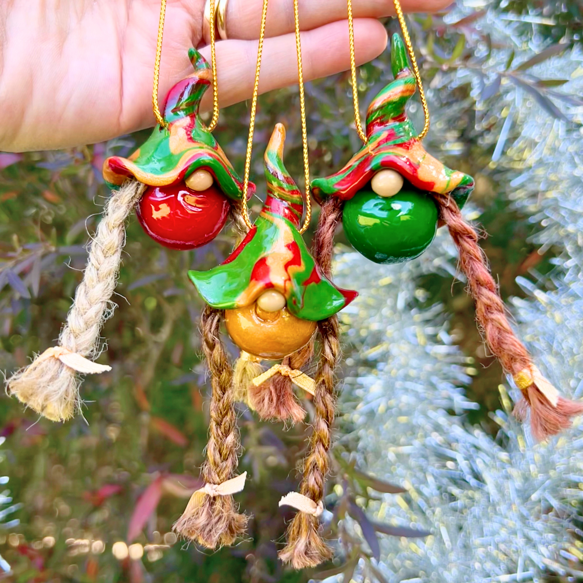 LIMITED EDITION Girl Gnome Christmas bauble trio - Mixed/Gold/Red/Green