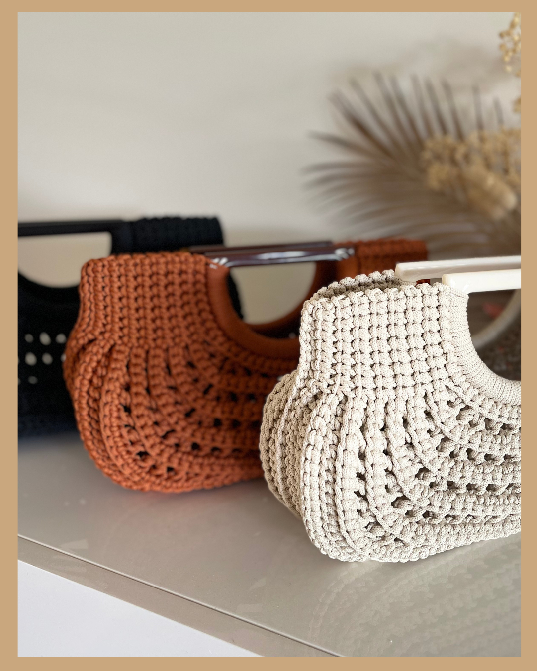 Handmade Crochet Handbag, Polyester Cord Bag with Wooden Handles, 32 cm Wide