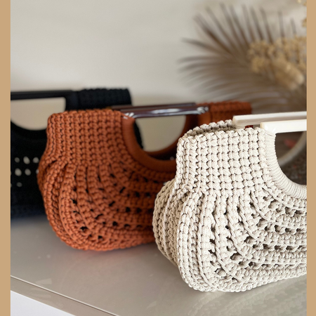 Handmade Crochet Handbag, Polyester Cord Bag with Wooden Handles, 32 cm Wide