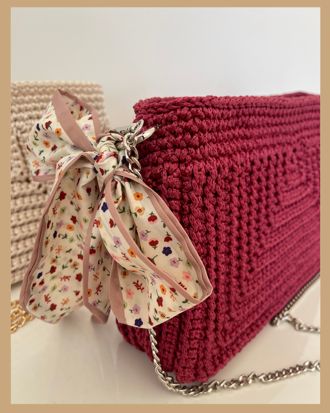 Handmade Crochet Shoulder Bag with Chain Strap & Bow Detail