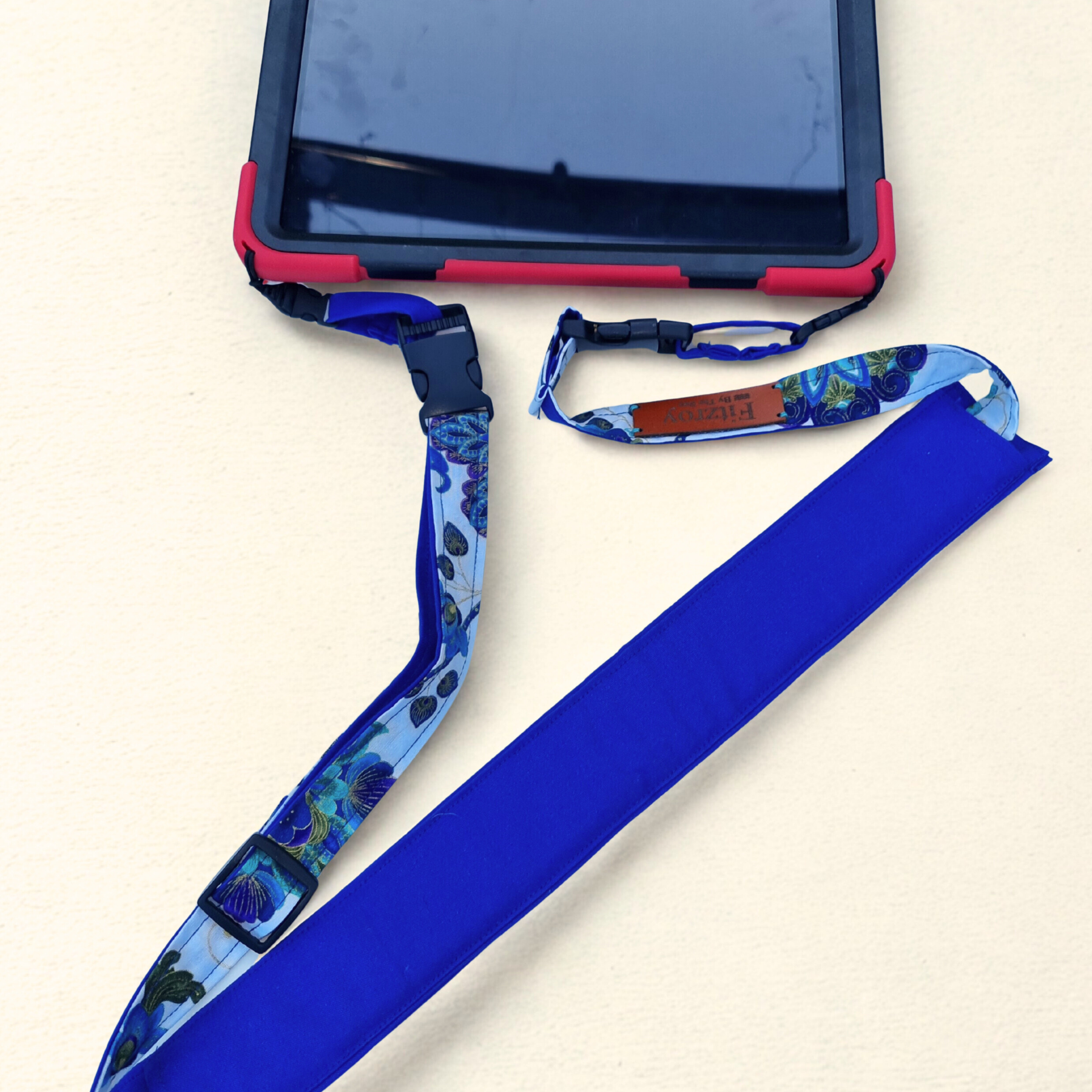 Strap for iPad and AAC Devices - Blue & Peacock print - Extra Long Padding