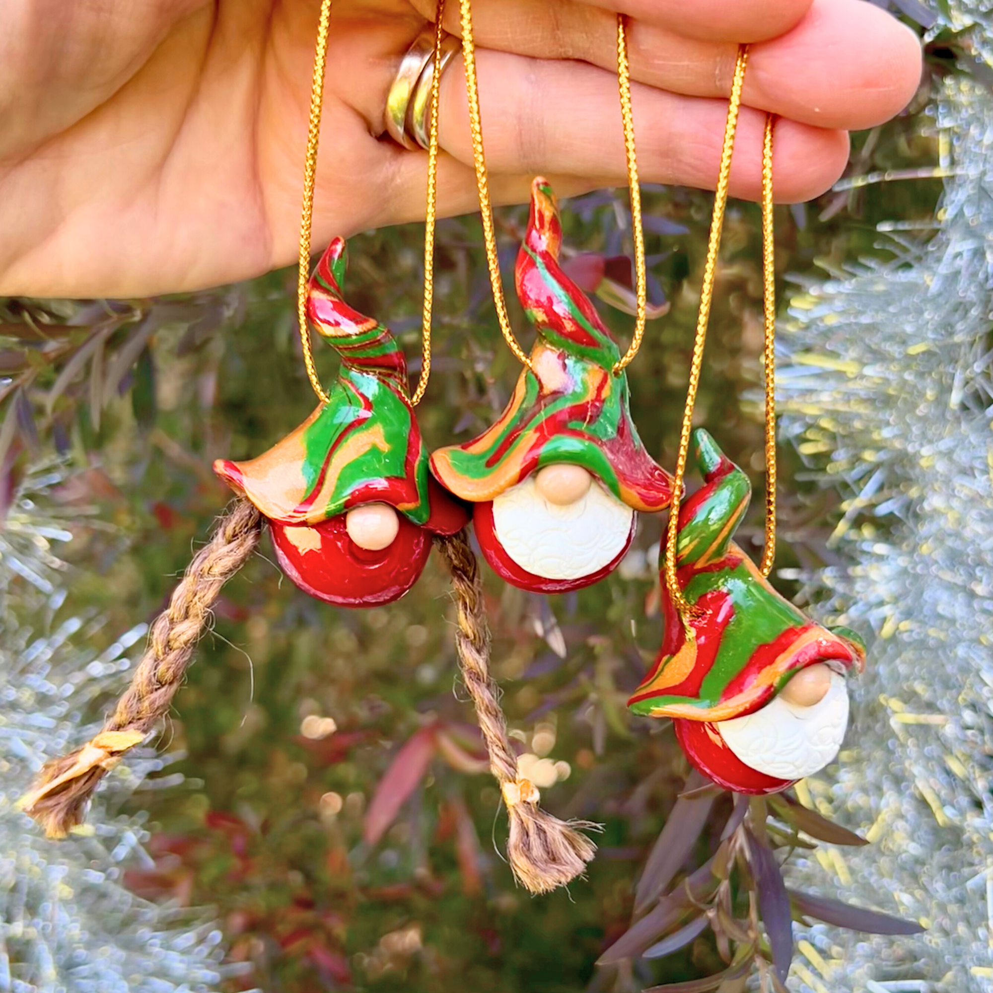 Gnome Christmas bauble trio with LIMITED EDITION girl gnome  - Red/Gold/Red/Green