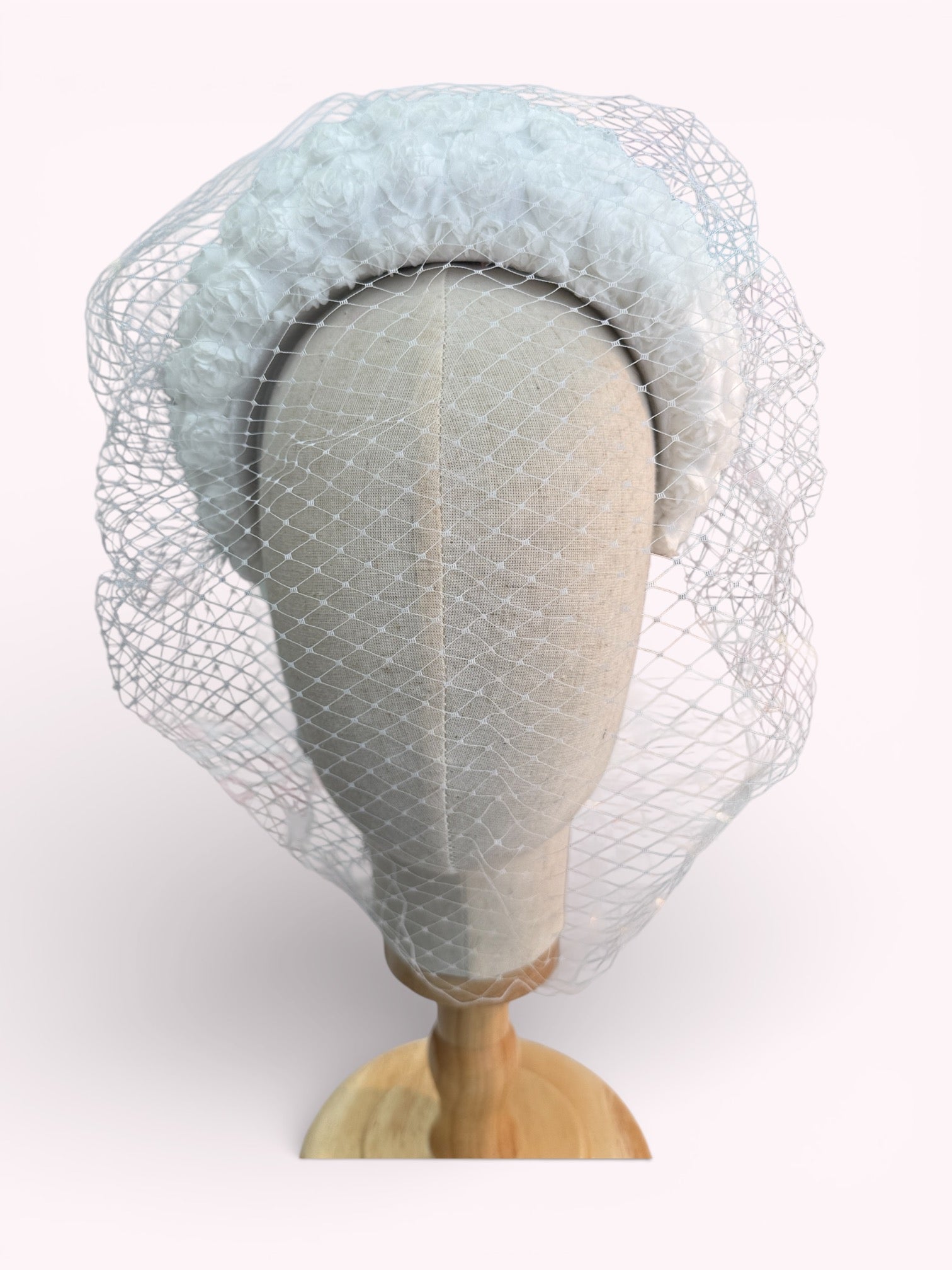 White Floral Fabric Headband with Veil.