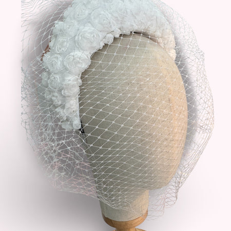 White Floral Fabric Headband with Veil.