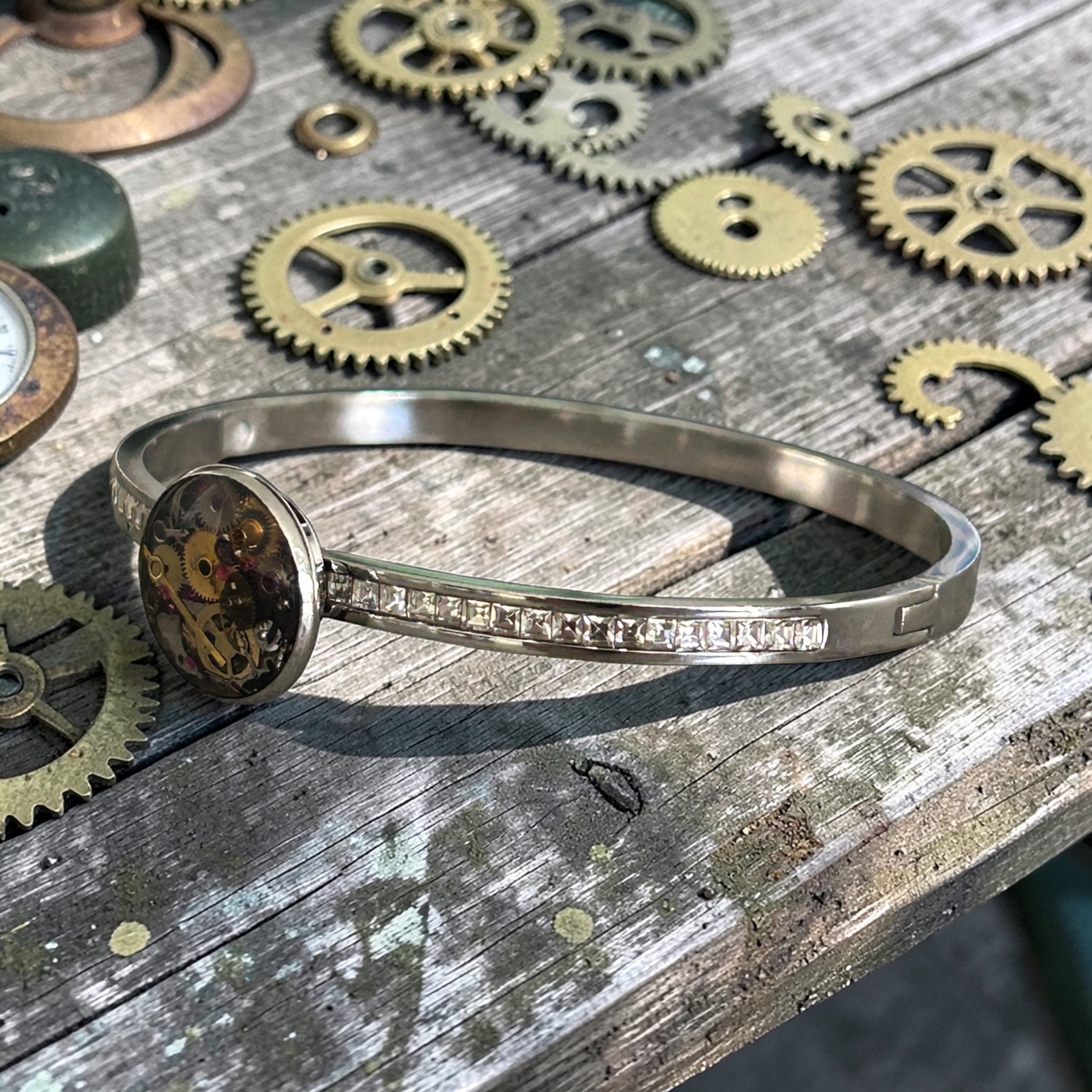 Steampunk watch parts hinged bangle