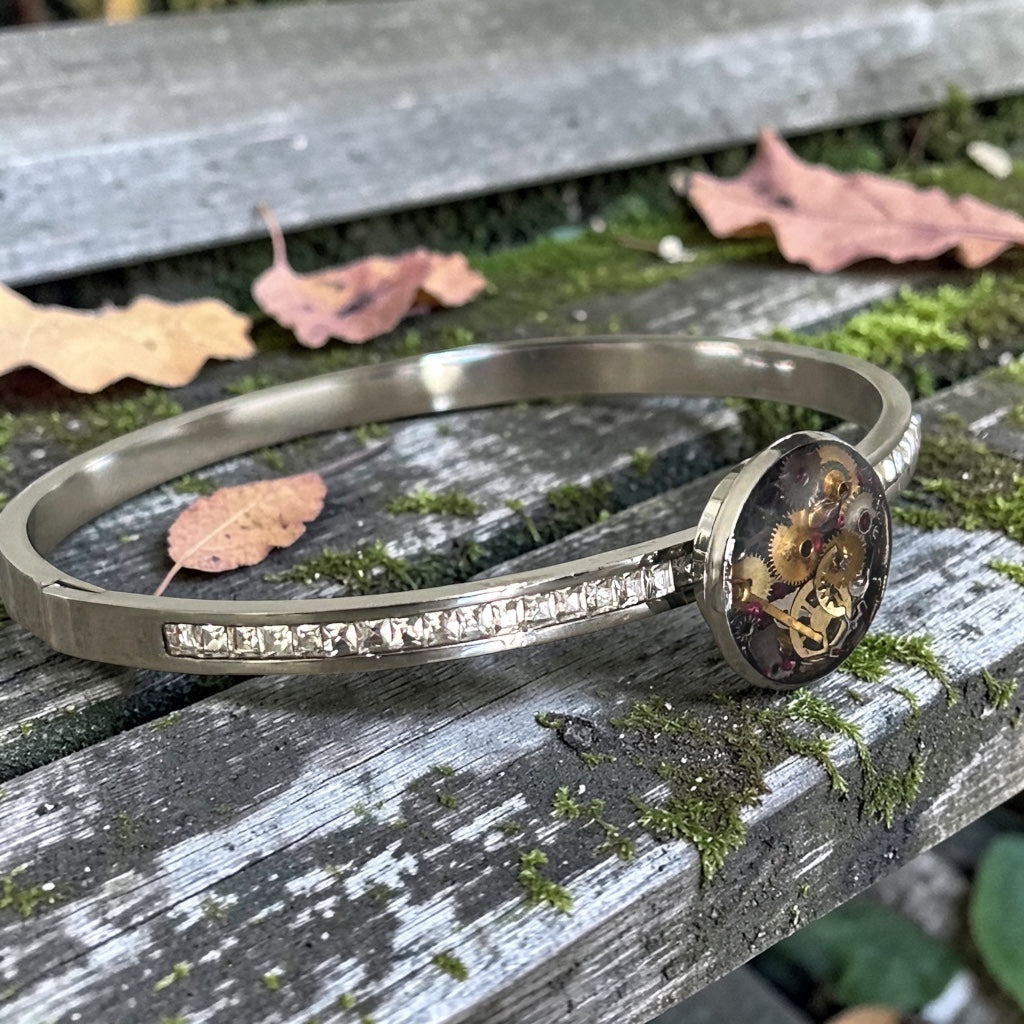 Steampunk watch parts hinged bangle