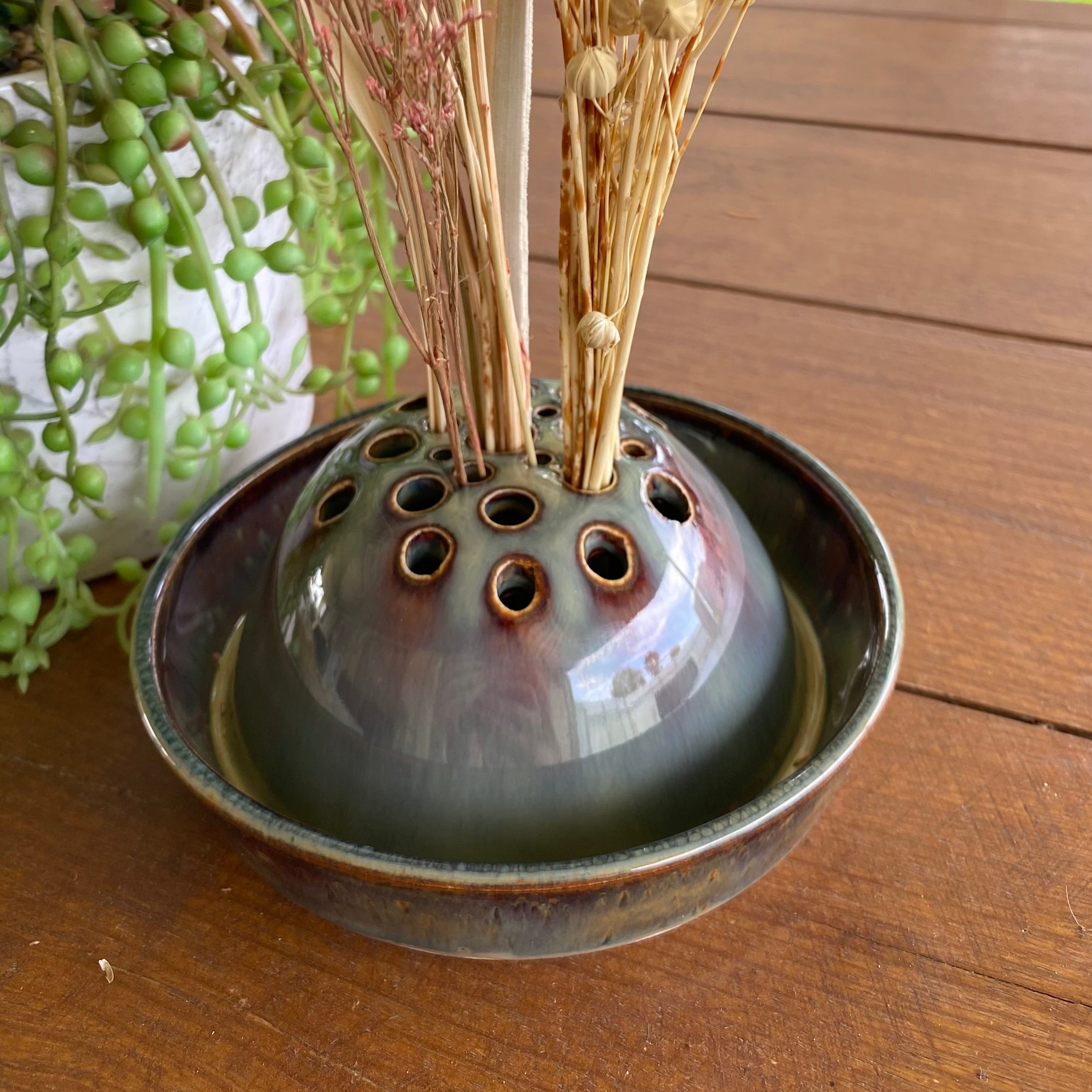 Ceramic Ikebana Bowl with Dome Flower Frog|Handmade Pottery