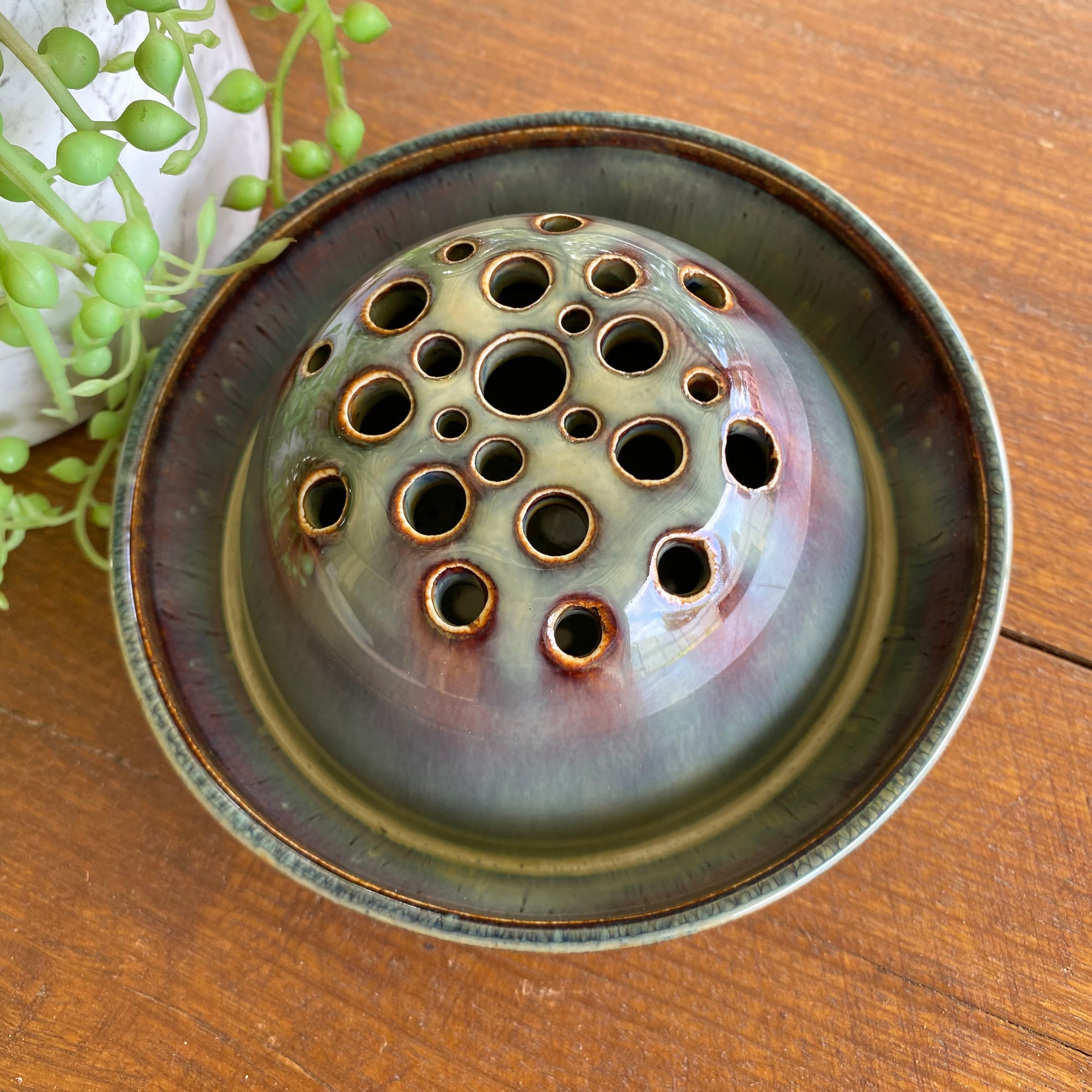 Ceramic Ikebana Bowl with Dome Flower Frog|Handmade Pottery