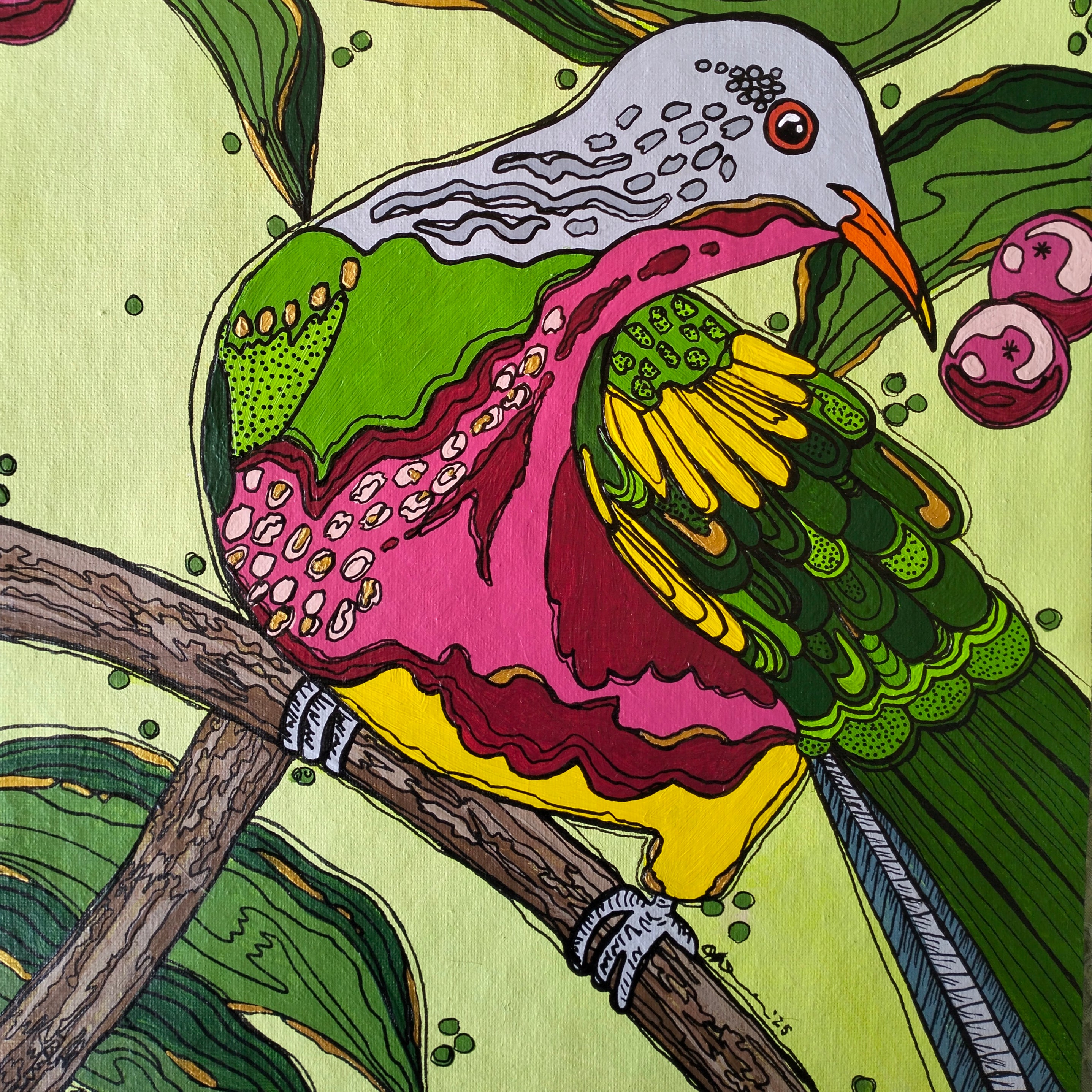 A3 ORIGINAL ARTWORK - "Wompoo Fruit Dove"- acrylic and latex abstract art