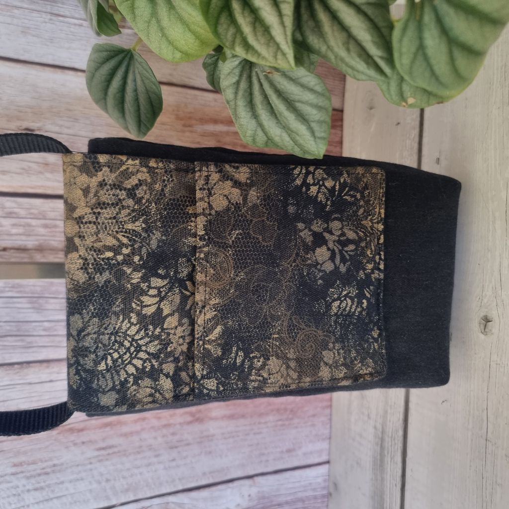 Upcycled handmade medium phone messenger bag - black denim & vintage gold lacy pattern