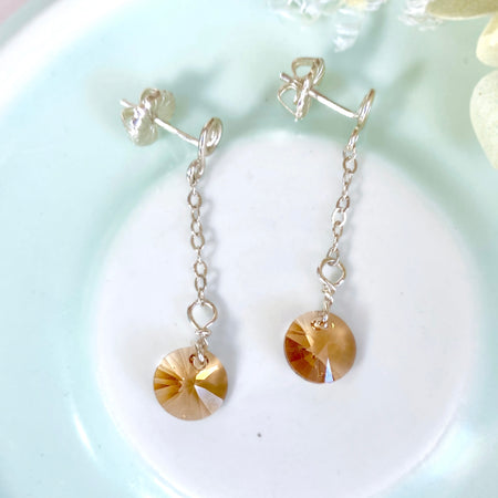 Topaz crystal dangle earrings | Sterling silver | Stud with chain | November birthstone gift