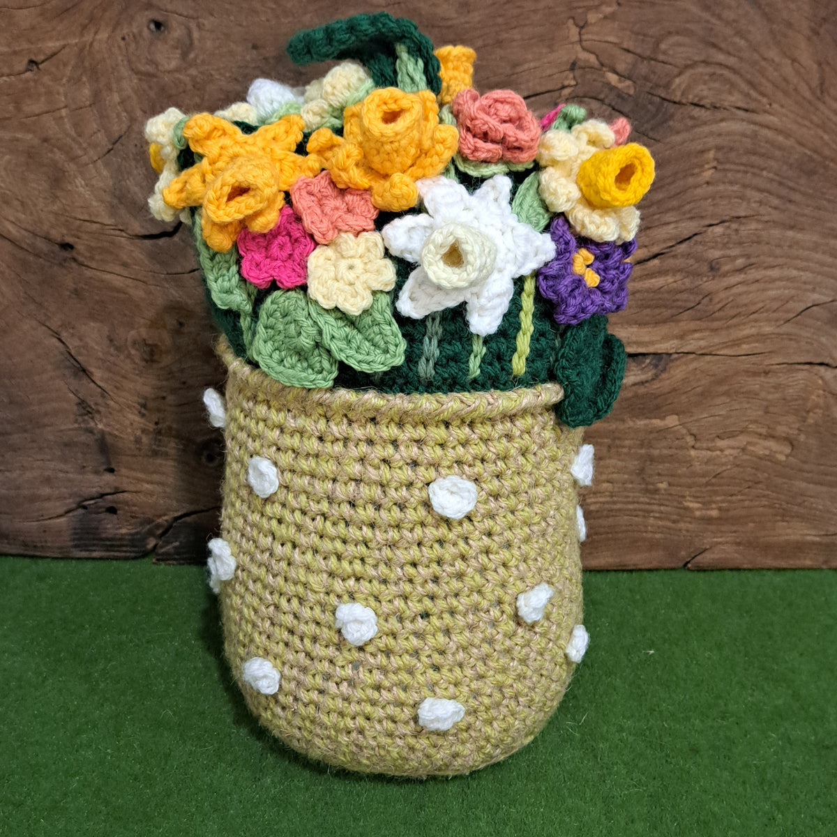 Handmade Crochet flower vase doorstop, rustic jute, cotton spring flowers, yellow vase