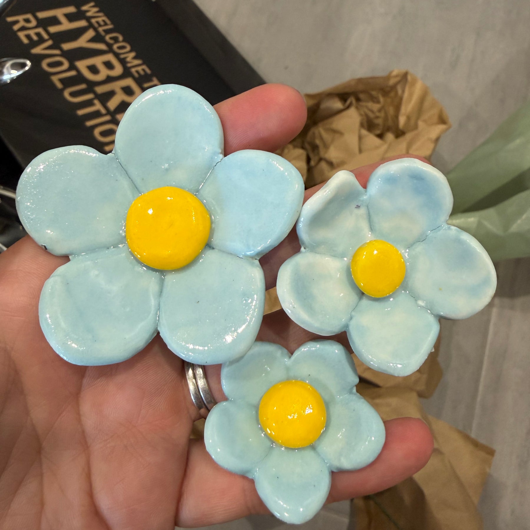 Ceramic flowers - pink, white and blue by the stem!