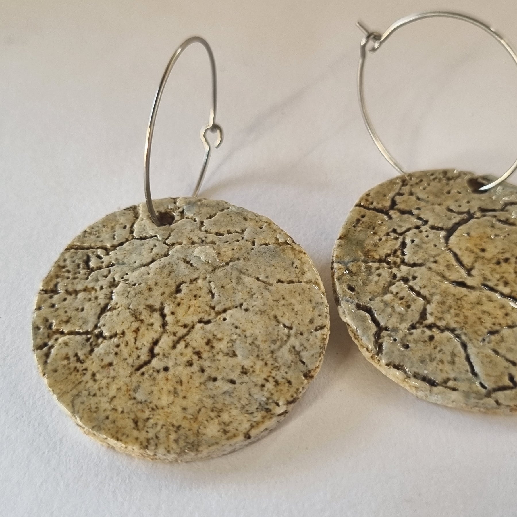 Handmade Stoneware Ceramic Earrings, clay tones multi-coloured, 35mm diameter, pierced ears