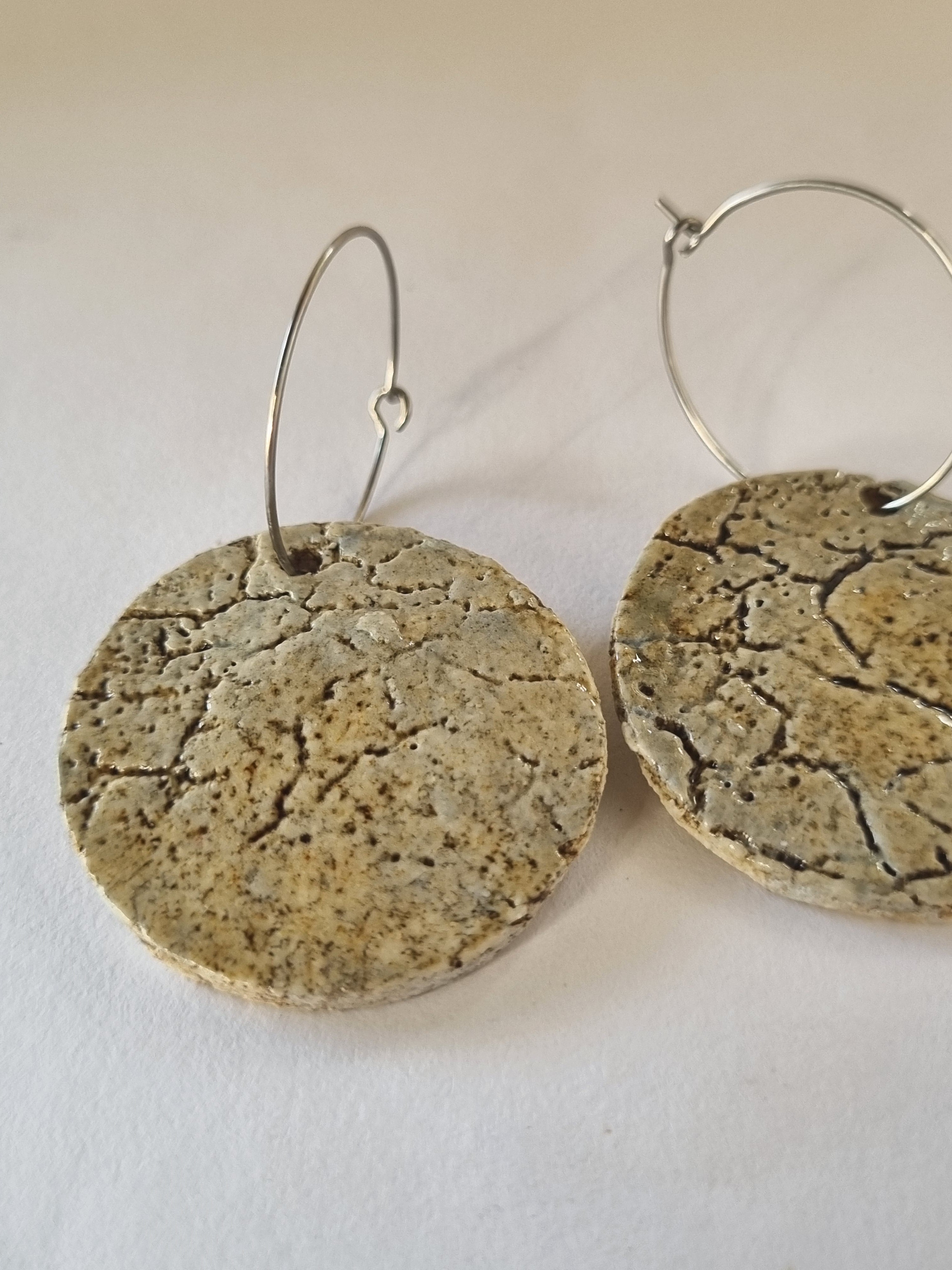 Handmade Stoneware Ceramic Earrings, clay tones multi-coloured, 35mm diameter, pierced ears