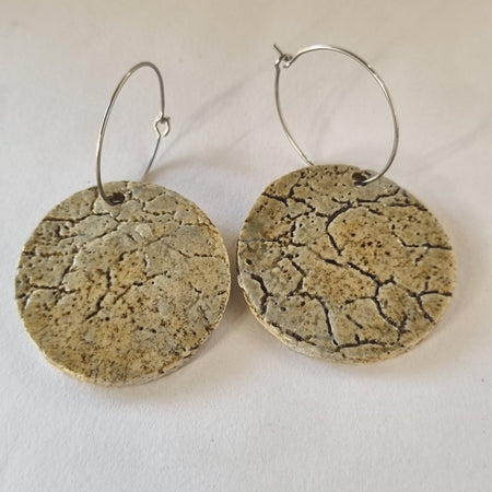 Handmade Stoneware Ceramic Earrings, clay tones multi-coloured, 35mm diameter, pierced ears