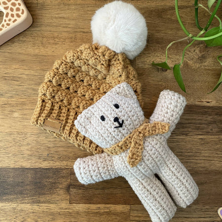 Handmade Newborn Baby Bundle | Beanie & Teddy Bear Gift Set | Mustard