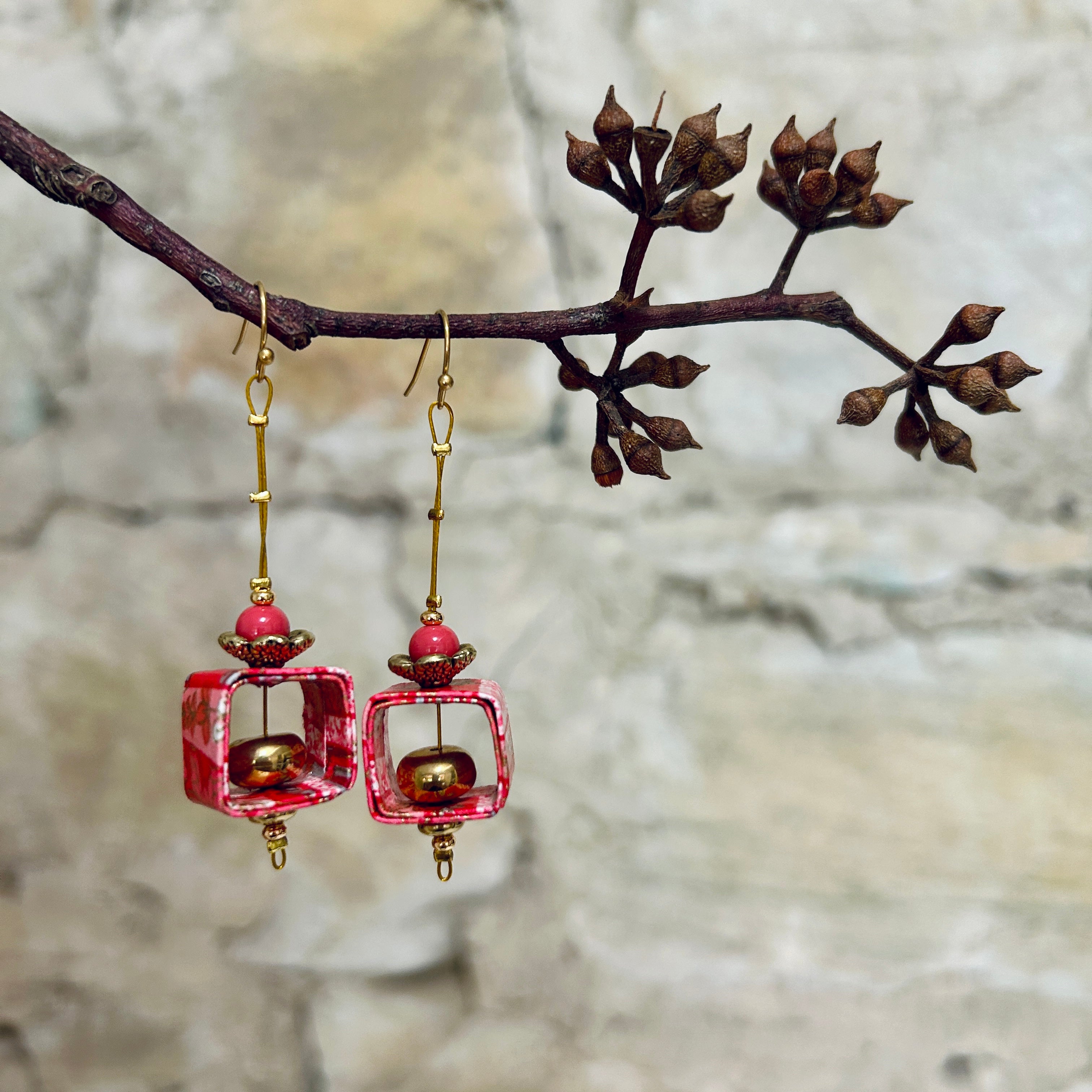 Earrings Long Pink & Gold Japanese Washi Paper: EB-99