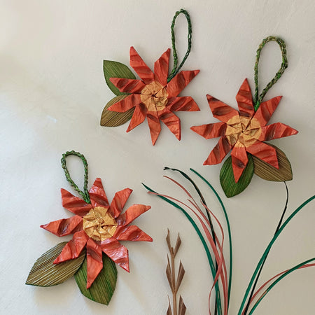 Handmade Red Flower ornament, set of three