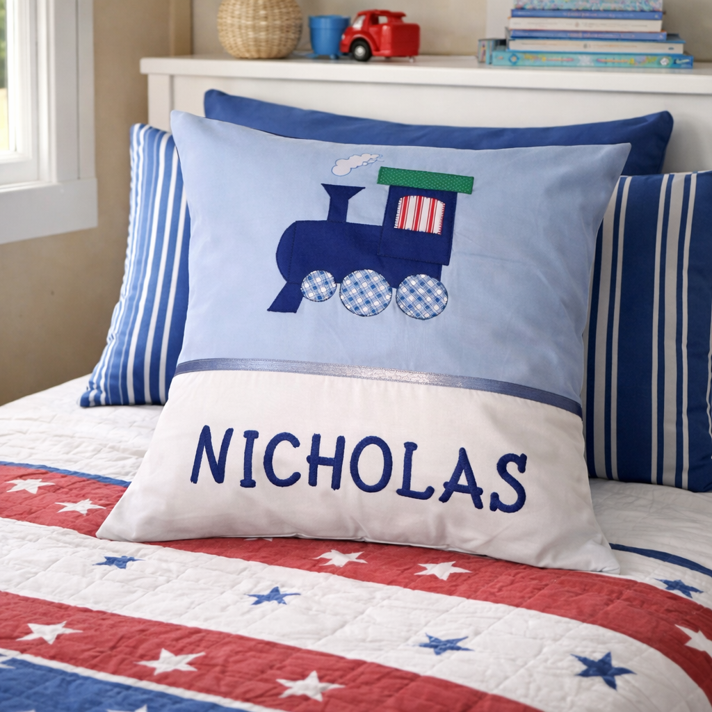 Personalised Kids Cushion | Custom Name Pillow | Handmade Applique Cushion | Nursery Decor - Train
