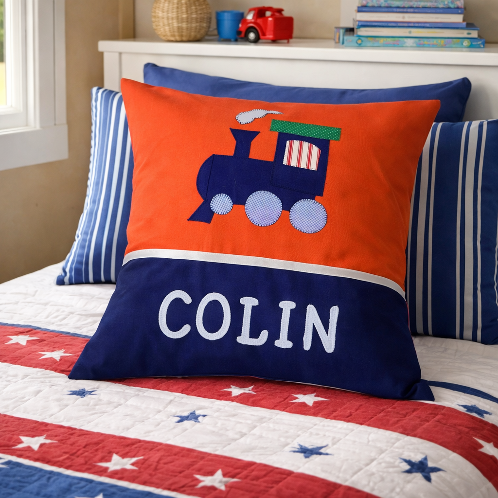 Personalised Kids Cushion | Custom Name Pillow | Handmade Applique Cushion | Nursery Decor - Train