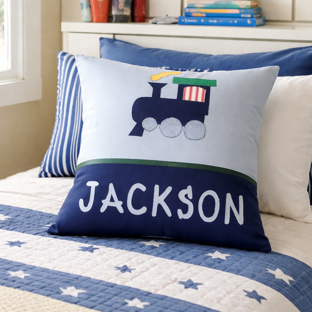 Personalised Kids Cushion | Custom Name Pillow | Handmade Applique Cushion | Nursery Decor - Train