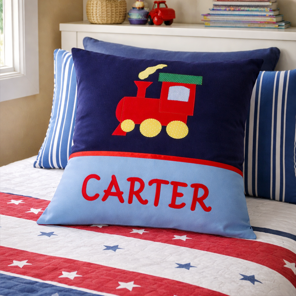 Personalised Kids Cushion | Custom Name Pillow | Handmade Applique Cushion | Nursery Decor - Train