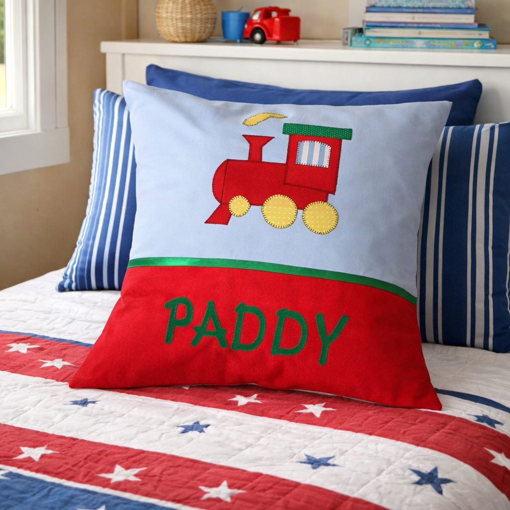 Personalised Kids Cushion | Custom Name Pillow | Handmade Applique Cushion | Nursery Decor - Train