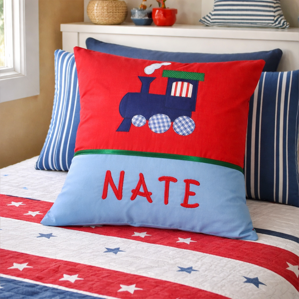 Personalised Kids Cushion | Custom Name Pillow | Handmade Applique Cushion | Nursery Decor - Train