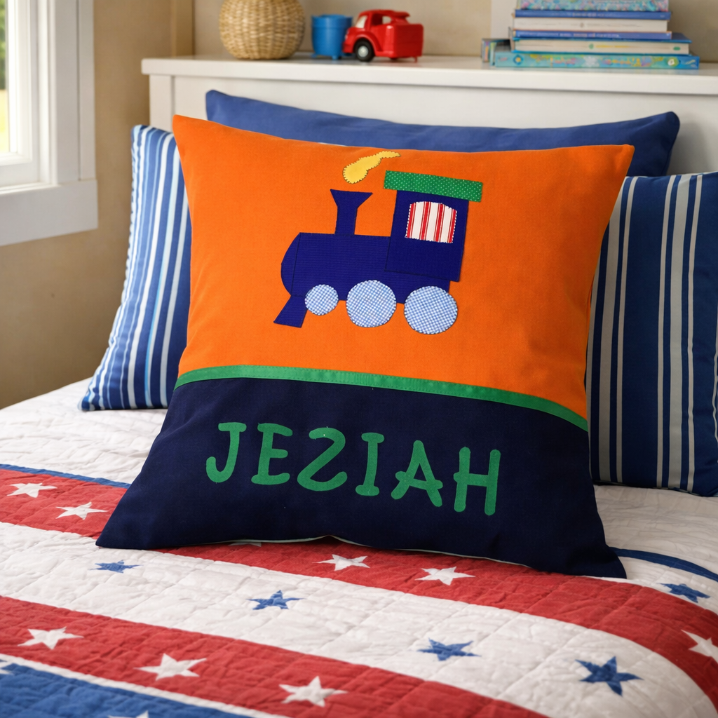 Personalised Kids Cushion | Custom Name Pillow | Handmade Applique Cushion | Nursery Decor - Train