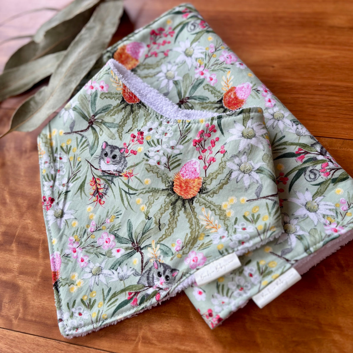 Baby Bib and Burp Cloth Set | Green Possums | Made to Order