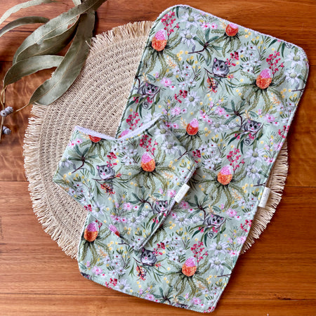 Baby Bib and Burp Cloth Set | Green Possums | Made to Order