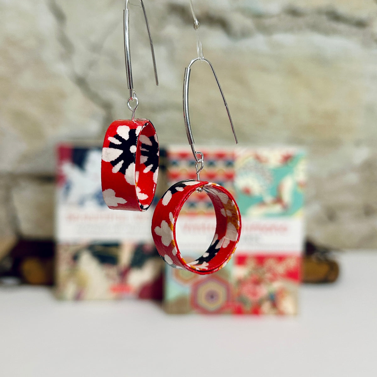 Earrings Red White Japanese Paper Hoop Style